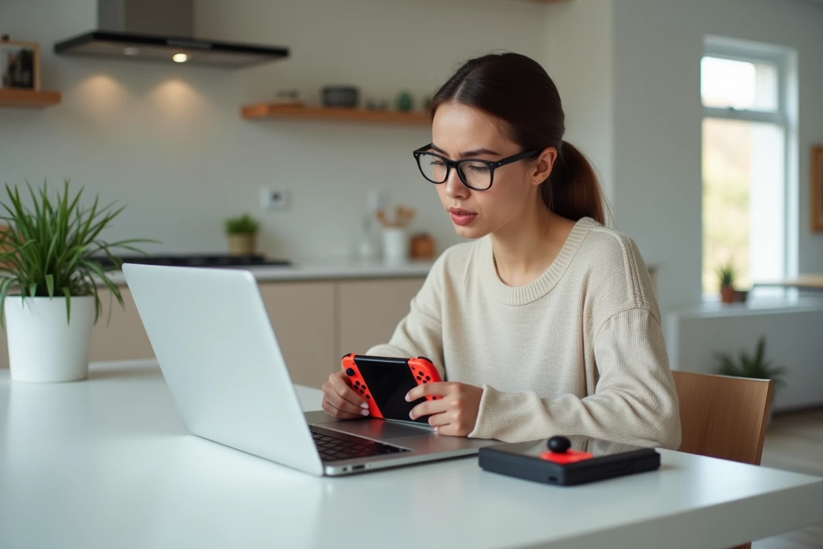 Femme suivant un tutoriel avec une Nintendo Switch dans une cuisine moderne