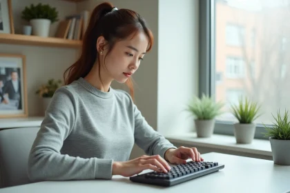 Jeune femme tapant rapidement sur un clavier mécanique dans un bureau minimaliste, exercice de vitesse de frappe