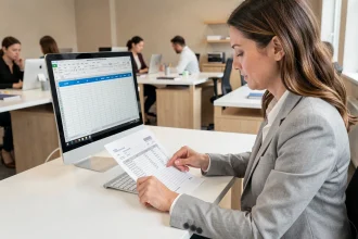 Femme professionnelle pointant une ligne figée sur un tableau Excel imprimé dans un bureau moderne