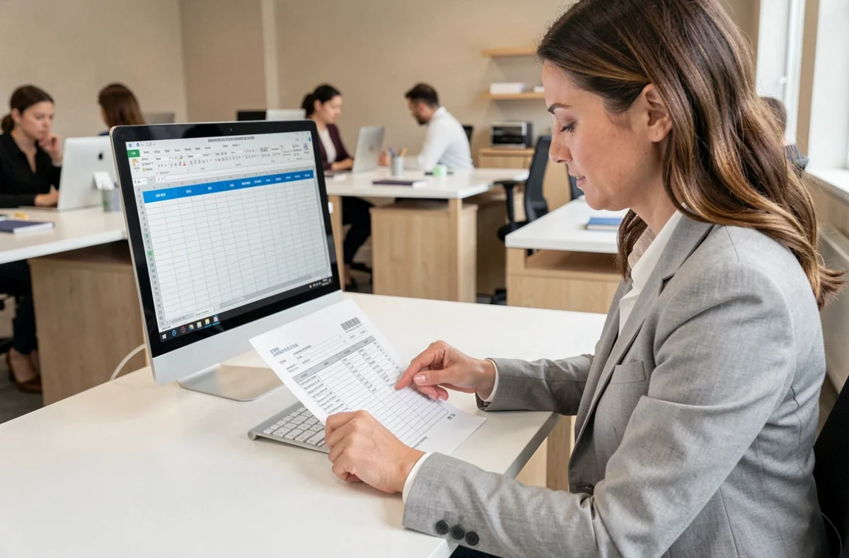Femme professionnelle pointant une ligne figée sur un tableau Excel imprimé dans un bureau moderne