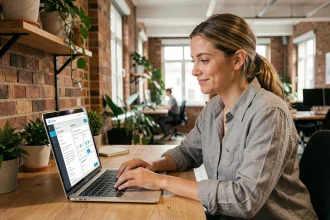 Freelance française travaillant sur un tableau de bord d'hébergeur web depuis un espace de coworking moderne