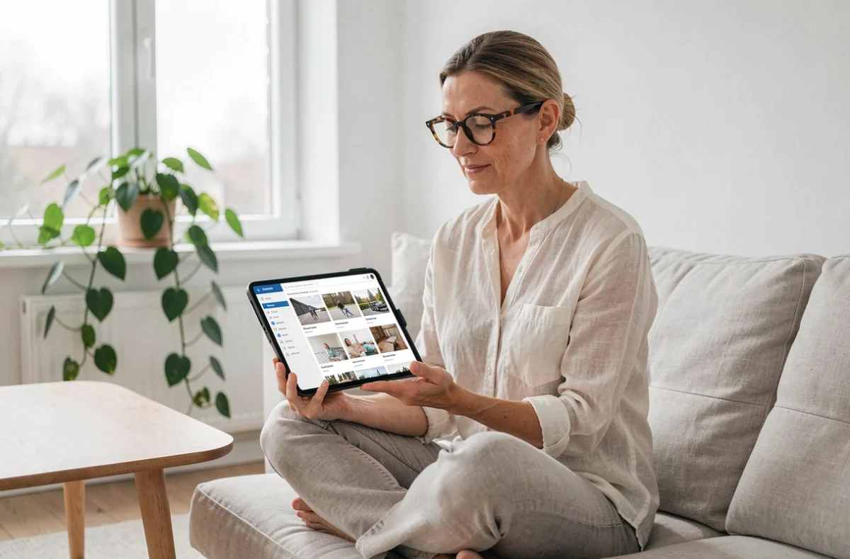 Freelance féminine gérant une interface d'hébergement d'images sur tablette dans un salon minimaliste