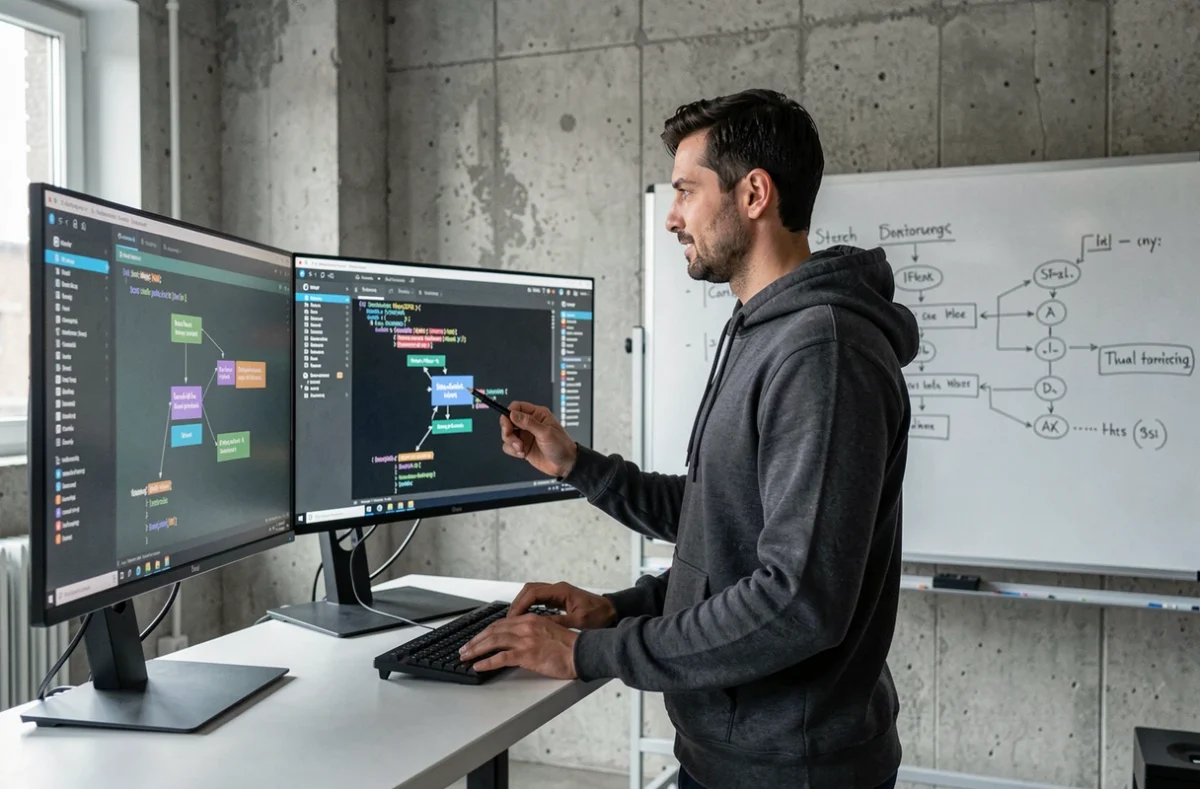 Développeur full-stack de l'agence Galadrim travaillant sur une architecture React dans un studio technique moderne