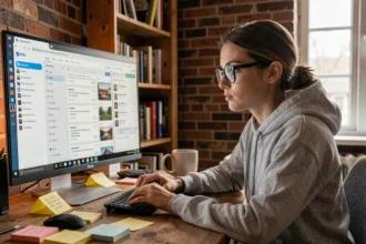 Jeune femme gérant des liens d'hébergement d'images sur son ordinateur dans un bureau à domicile
