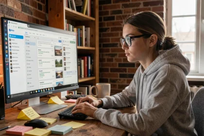 Jeune femme gérant des liens d'hébergement d'images sur son ordinateur dans un bureau à domicile