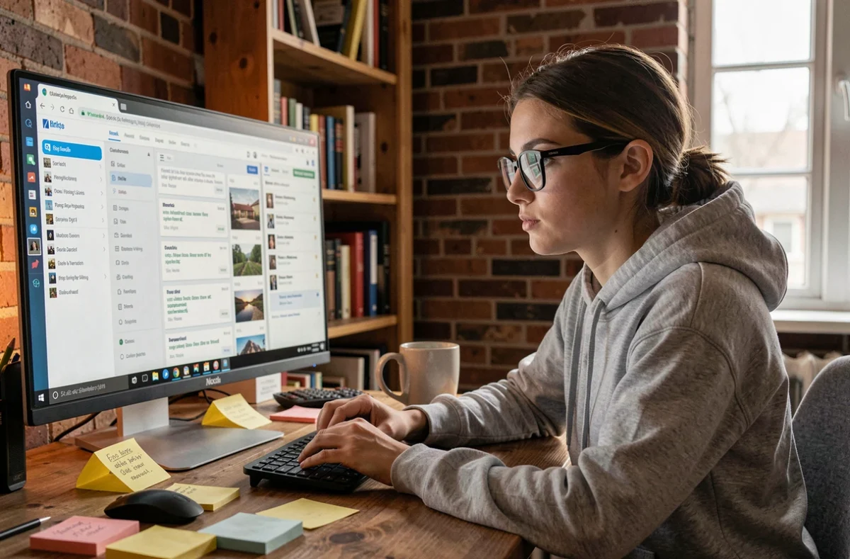 Jeune femme gérant des liens d'hébergement d'images sur son ordinateur dans un bureau à domicile