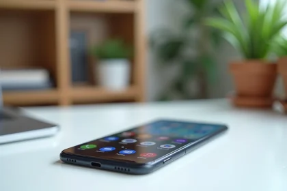 Google Pixel 8a en coloris noir posé sur un bureau blanc minimaliste avec son écran allumé