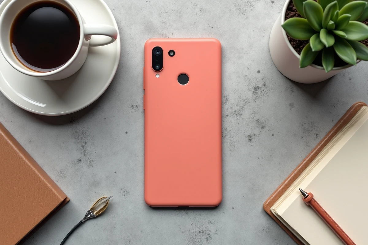 Google Pixel 8a en coloris corail photographié en flat lay sur du béton avec un carnet et un café