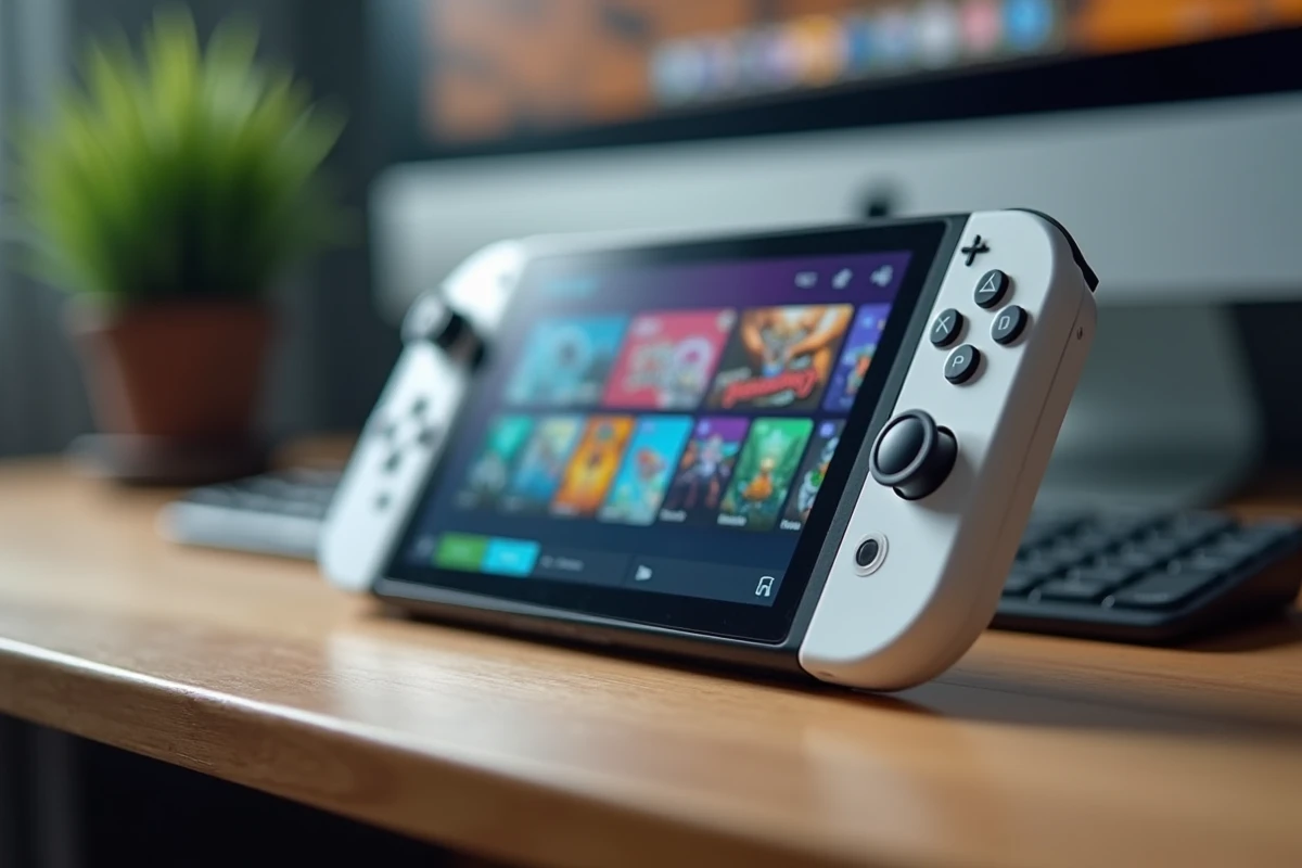Gros plan sur une console portable Sony pour cloud gaming posée sur un bureau avec clavier et plante