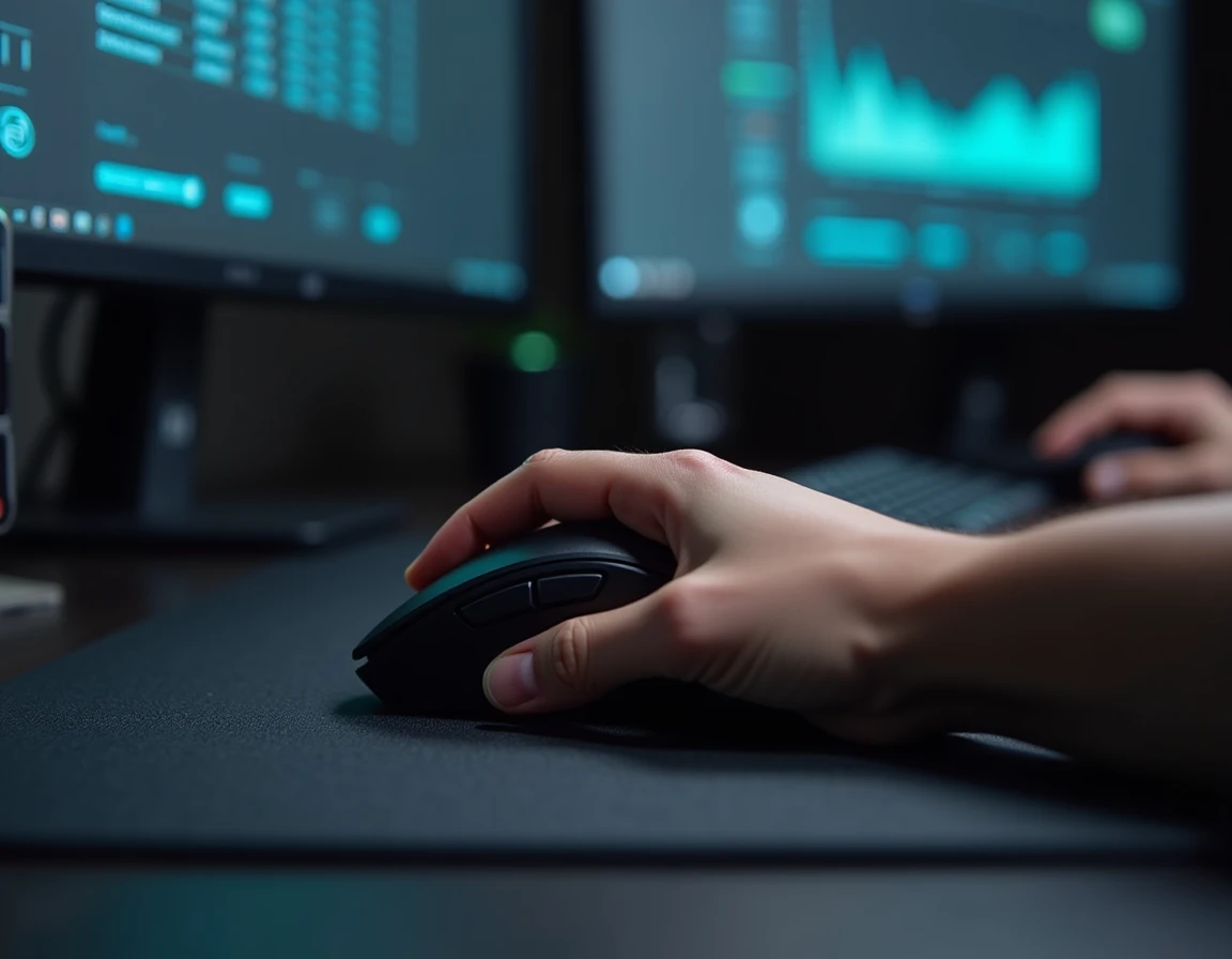 Gros plan d'une main sur une souris gaming lors d'un test de vitesse de clic avec des statistiques CPS affichées en arrière-plan