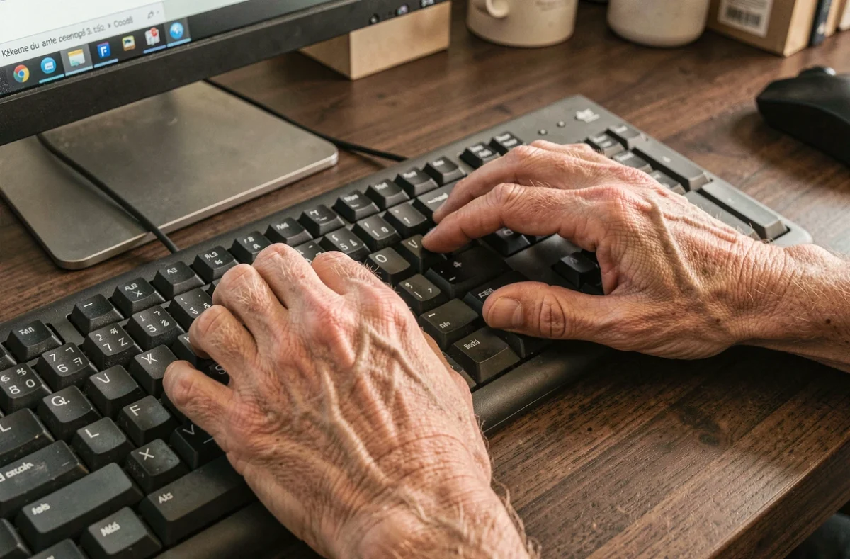 Gros plan des mains d'un adulte tapant sur un clavier AZERTY français lors d'un exercice de dactylographie