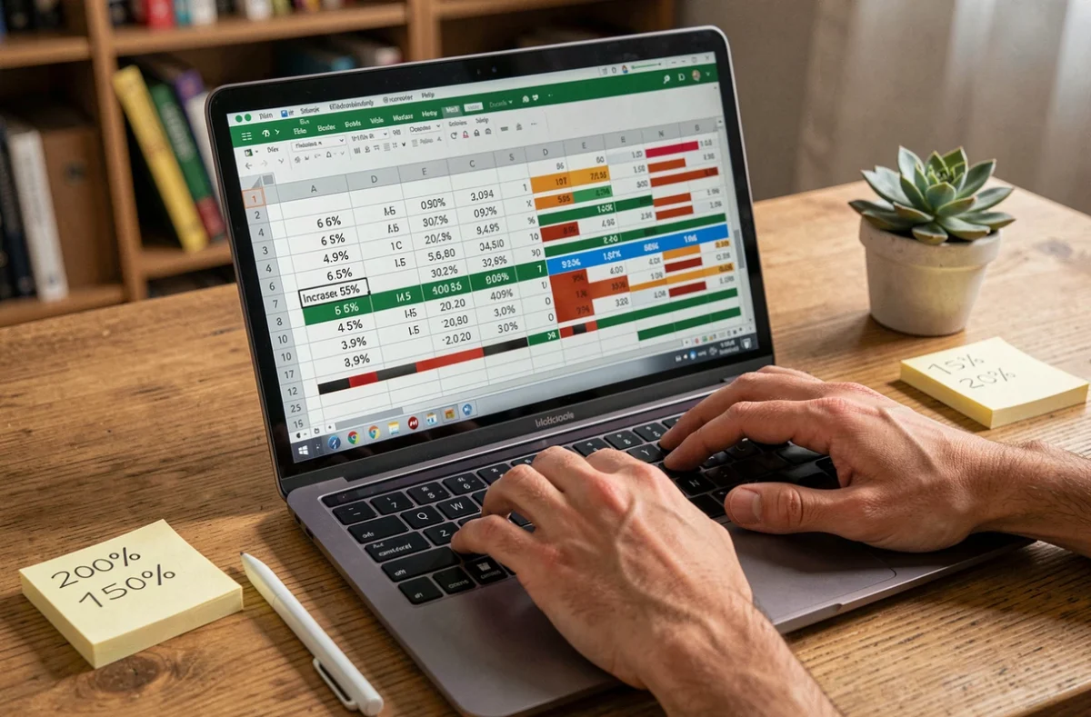 Gros plan de mains sur un clavier d'ordinateur portable avec une feuille de calcul Excel montrant des pourcentages d'augmentation dans un bureau à domicile