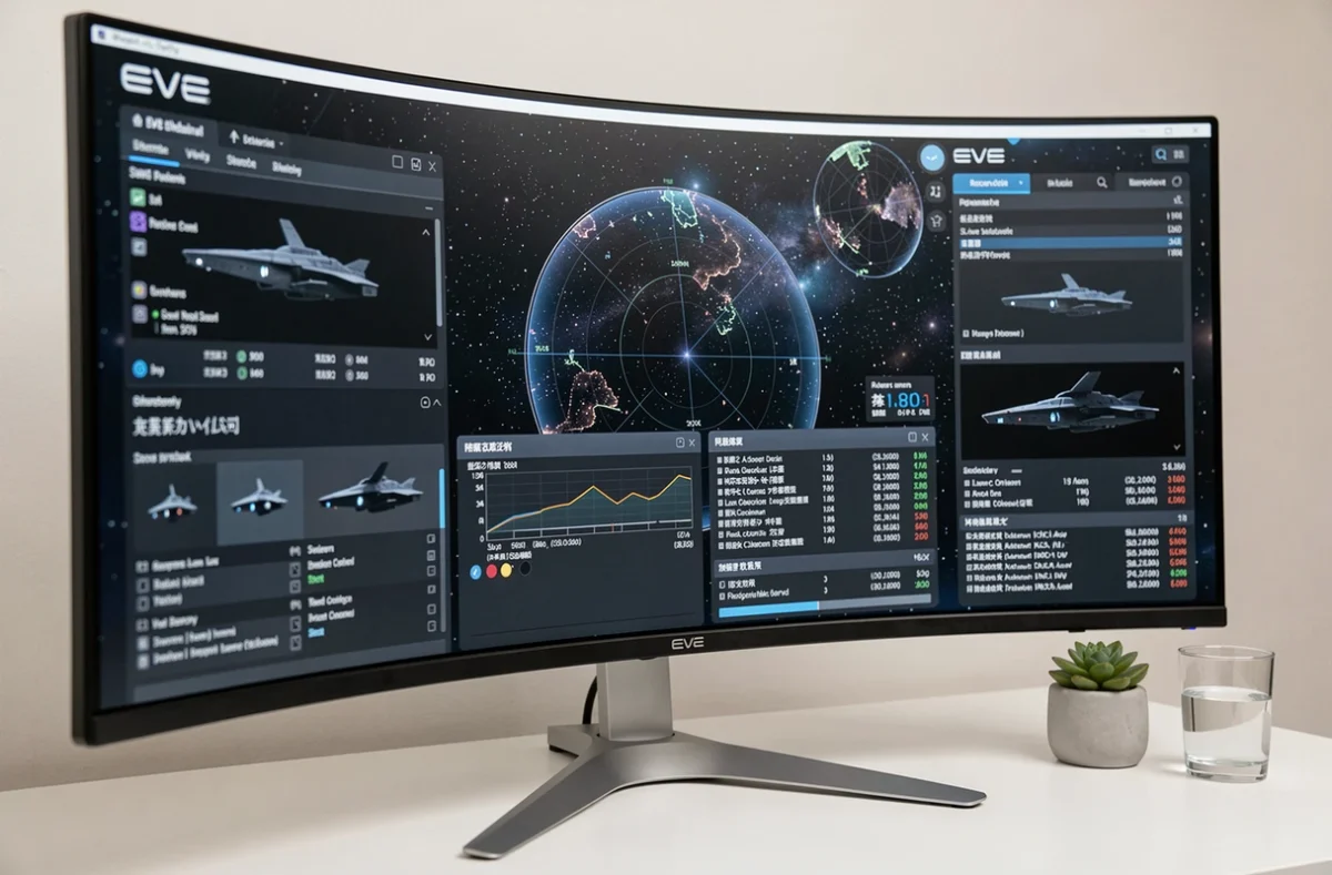 Gros plan sur un moniteur ultrawide 21/9 affichant l'interface et les éléments HUD d'Eve Online 2 sur un bureau minimaliste