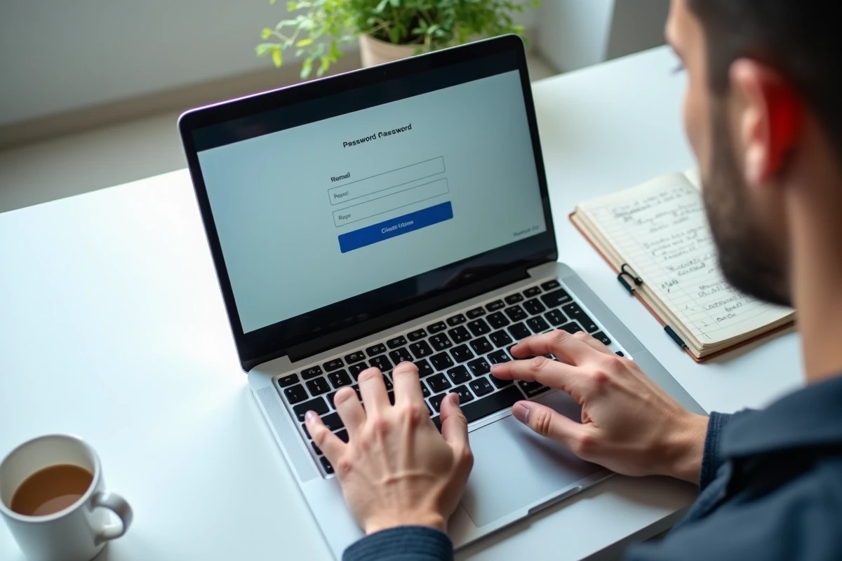 Gros plan sur des mains tapant un mot de passe sur un ordinateur portable affichant une page de récupération de compte Zimbra