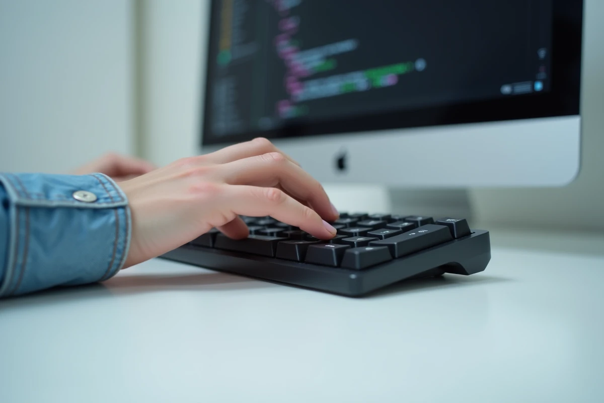 Gros plan sur la touche arobase d'un clavier mécanique AZERTY avec doigt en train d'appuyer