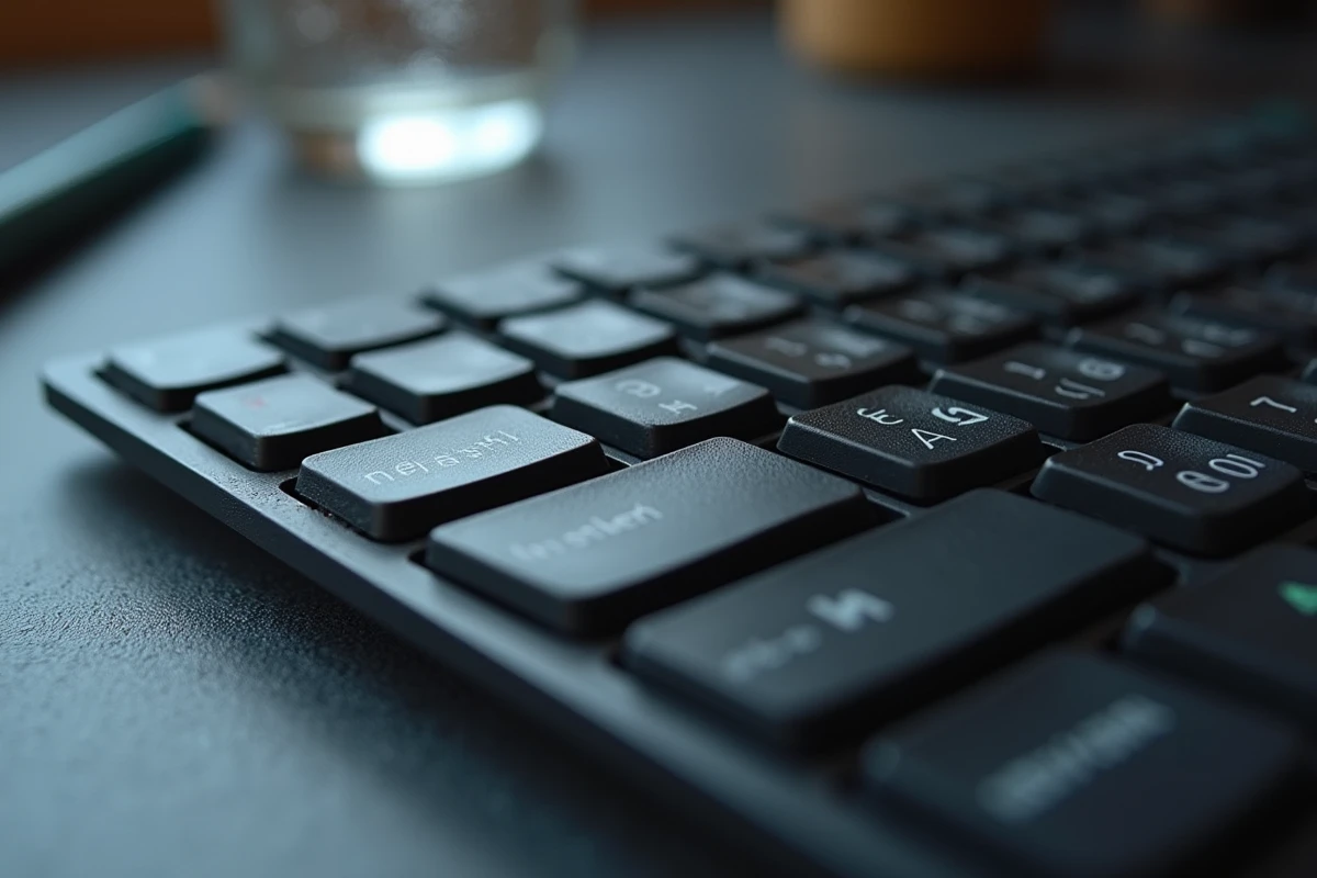 Gros plan macro sur la touche Shift d'un clavier AZERTY avec les caractères spéciaux français visibles