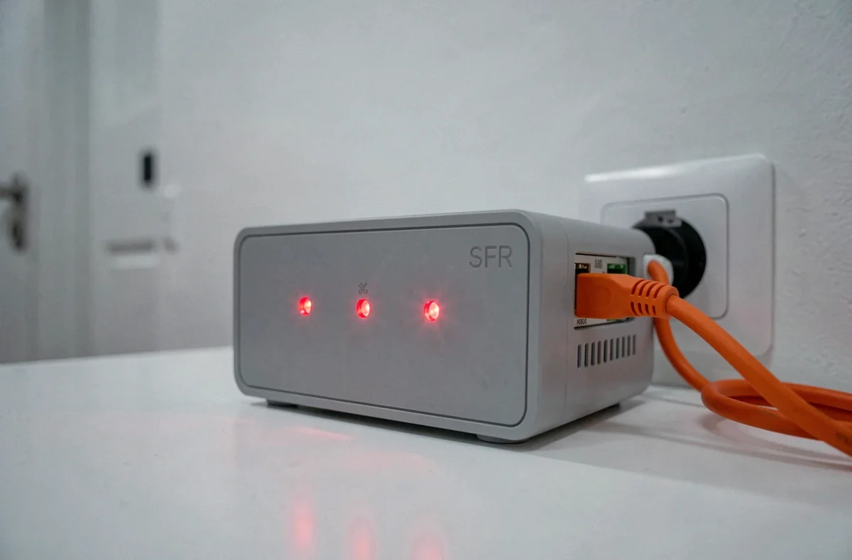 Gros plan sur les voyants rouges d'une box SFR fibre avec câble optique orange connecté dans un couloir d'appartement
