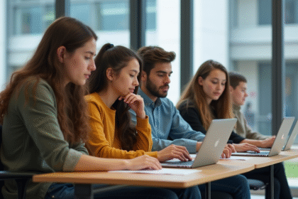 Groupe d'élèves au lycée travaillant sur un projet numérique