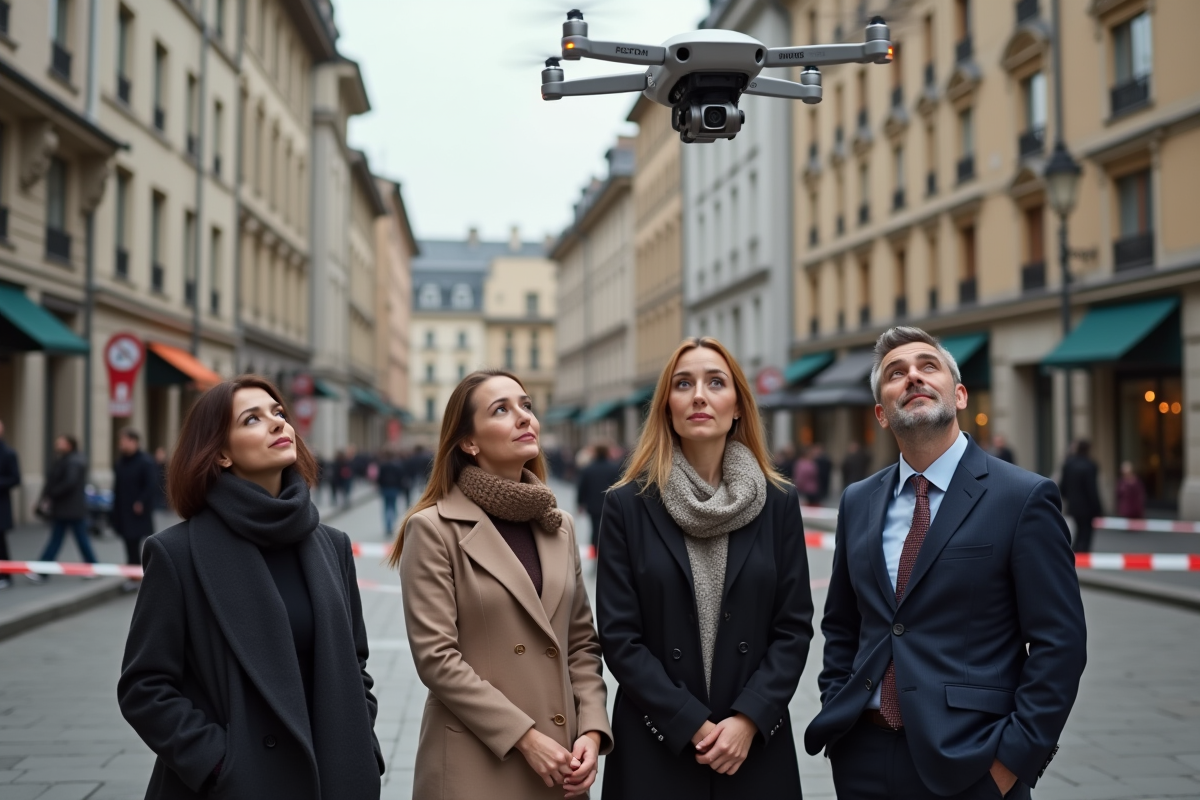 Groupe de personnes regardant un drone en ville