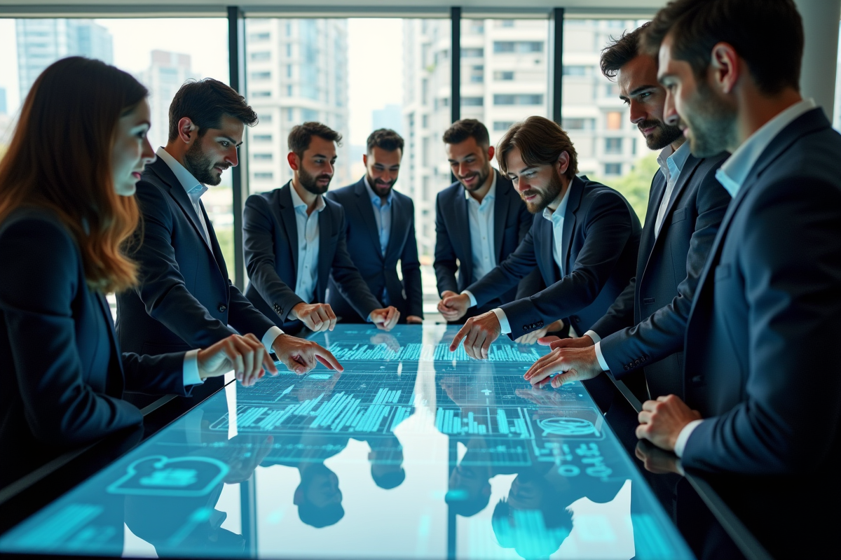Groupe de professionnels autour d'une table interactive en ville