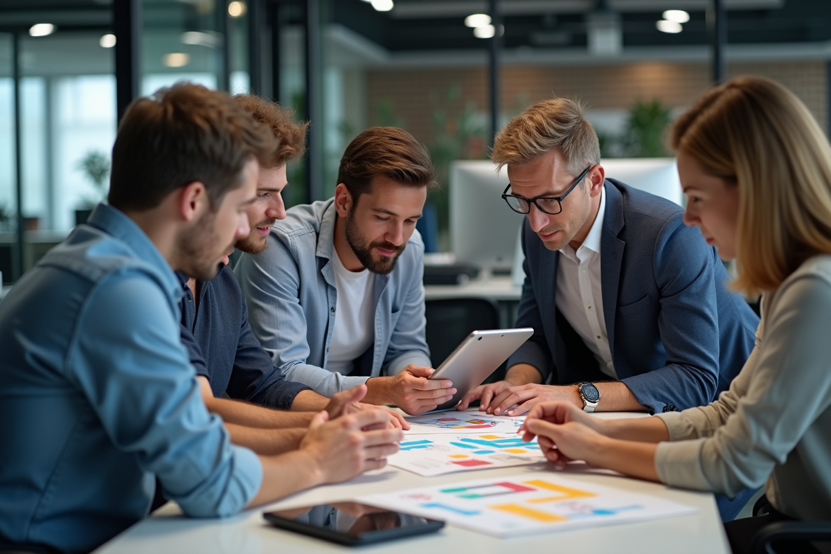 Groupe diversifié en réunion d'équipe dans un bureau moderne