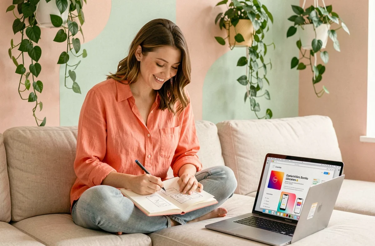 Designer UI de l'agence Hello Pomelo esquissant des interfaces mobiles dans un studio créatif aux tons pastels et végétation