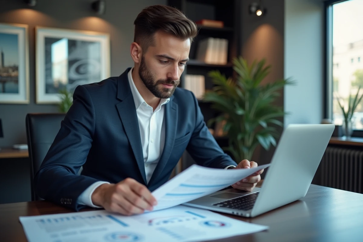 Jeune homme d'affaires examinant des documents blockchain