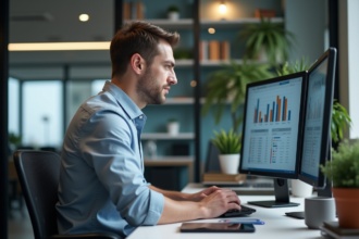 Homme concentré analysant rapports SEO sur grand écran