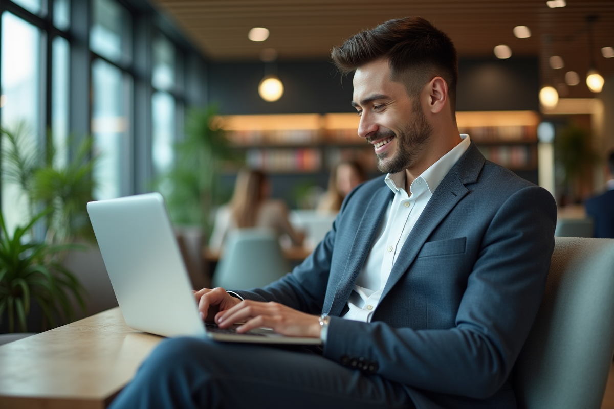Jeune homme professionnel programme un SMS dans un bureau