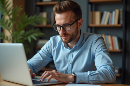 Homme en bureau moderne regardant son ordinateur portable