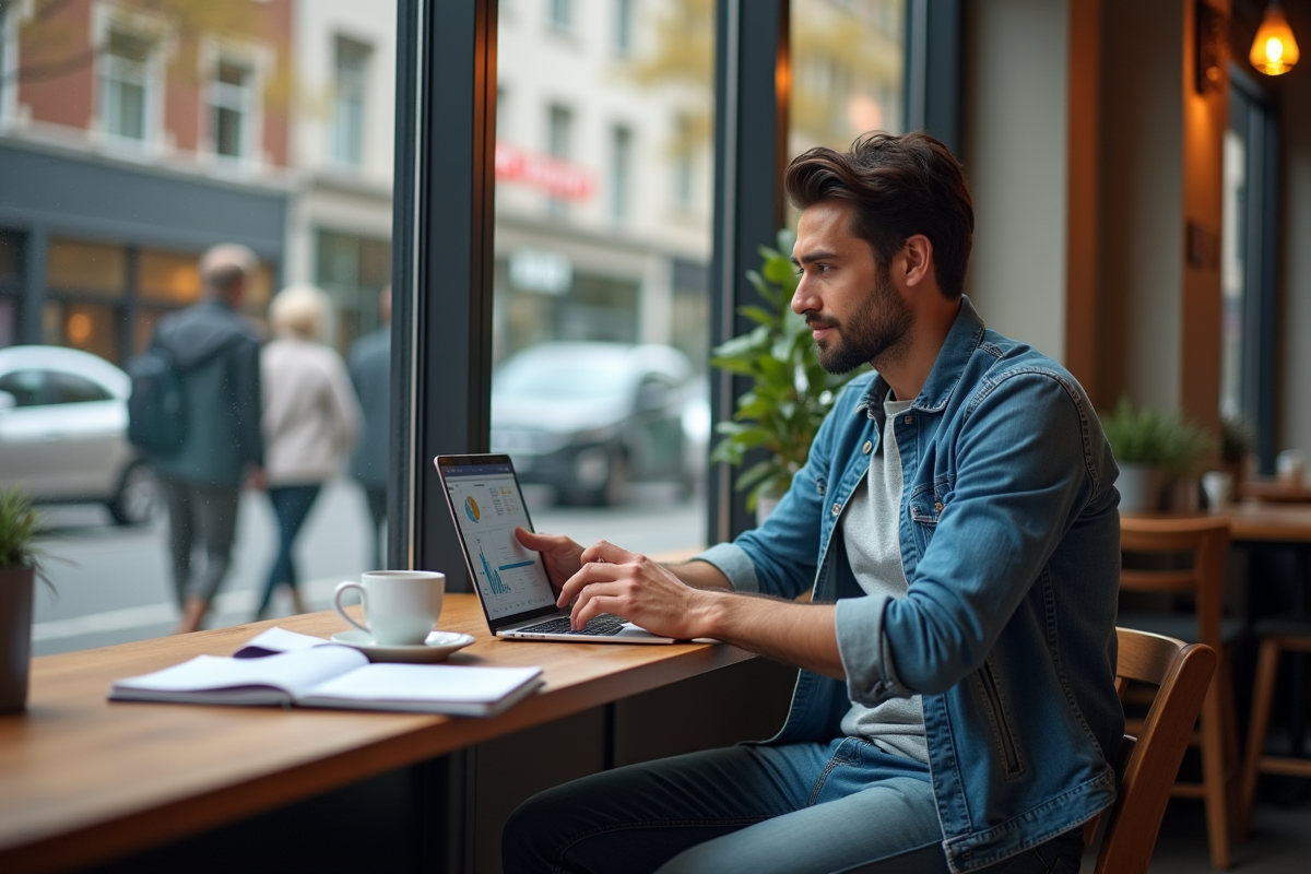 Homme en café étudiant des analyses sur tablette