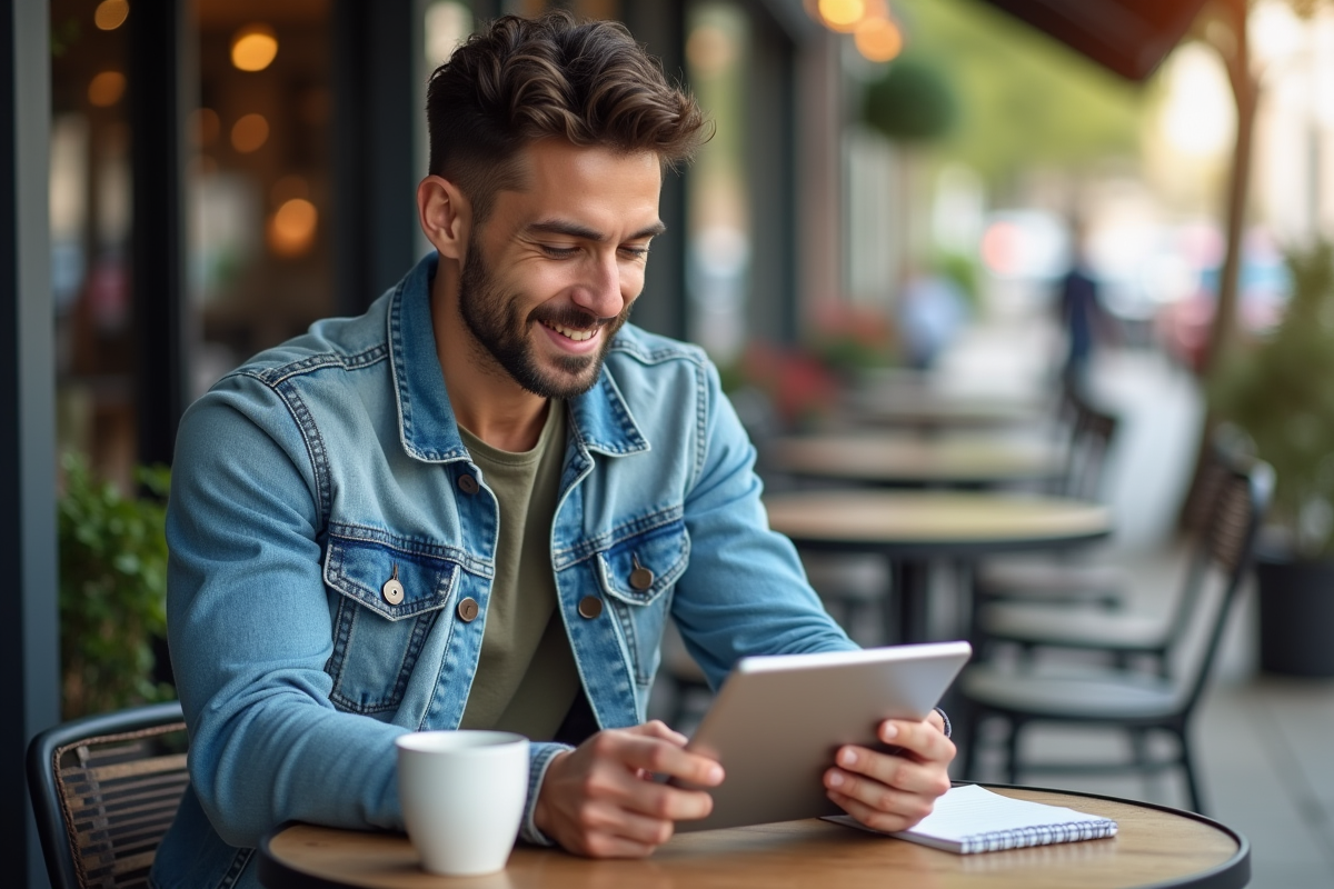 Homme dans un café urbain utilisant une tablette