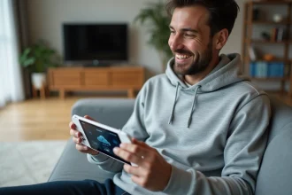 Homme tenant une console portable Sony pour le cloud gaming dans un salon moderne et minimaliste