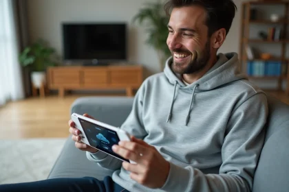 Homme tenant une console portable Sony pour le cloud gaming dans un salon moderne et minimaliste