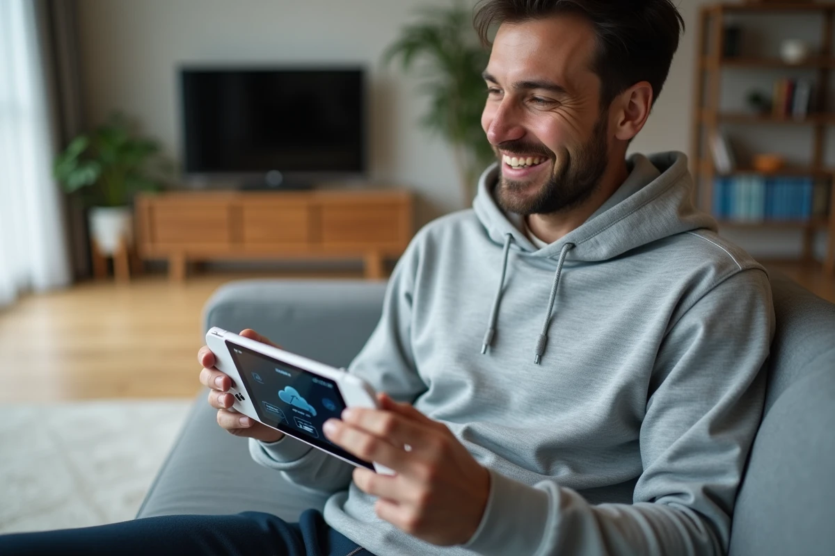 Homme tenant une console portable Sony pour le cloud gaming dans un salon moderne et minimaliste