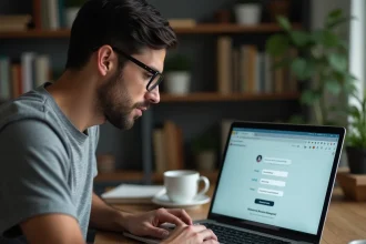 Homme consultant les mots de passe enregistrés dans Chrome sur un ordinateur portable dans un bureau à domicile