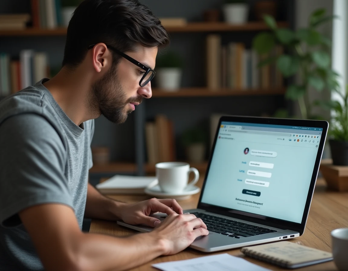 Homme consultant les mots de passe enregistrés dans Chrome sur un ordinateur portable dans un bureau à domicile