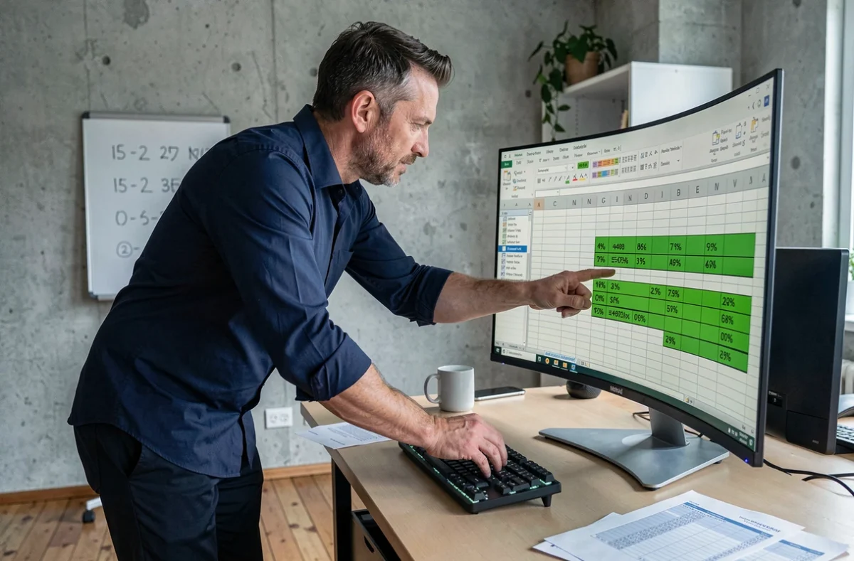 Homme en bureau moderne pointant vers un écran Excel affichant des formules de calcul d'augmentation en pourcentage