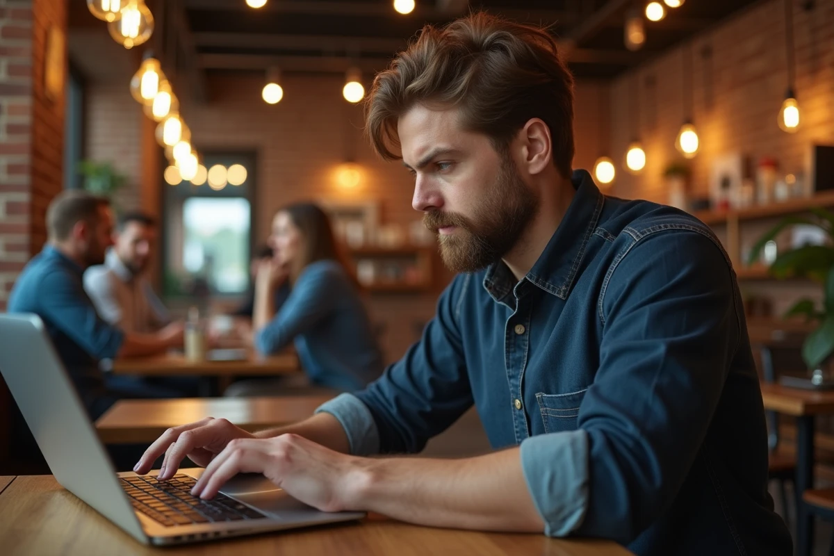 Homme pratiquant la vitesse de frappe au clavier dans un café avec ordinateur portable, entraînement dactylo