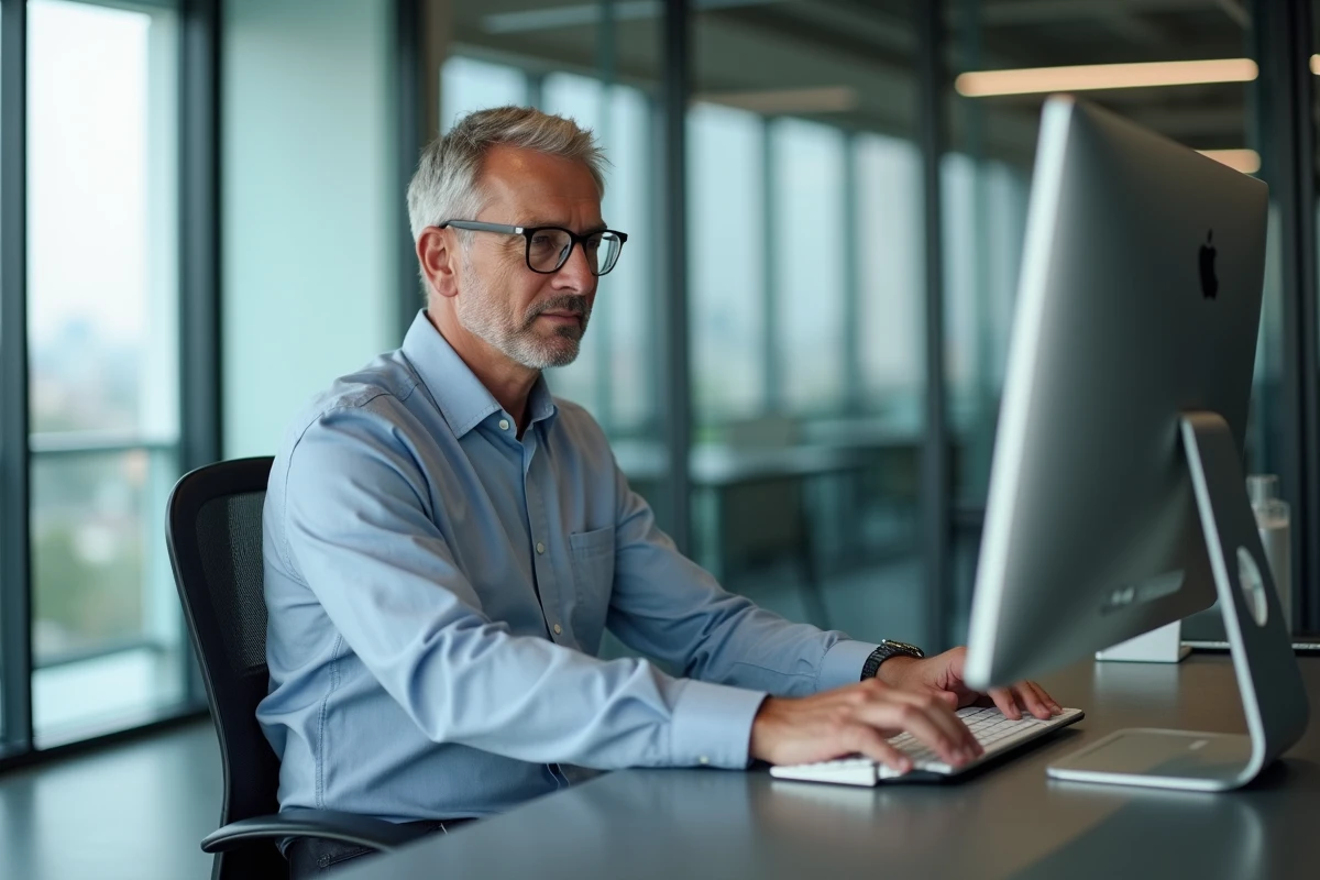 Homme d affaires utilisant un raccourci clavier sur Mac en bureau professionnel