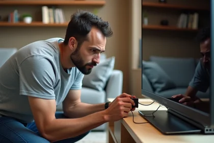 Homme examinant un transmetteur HDMI sans fil branché à l'arrière d'un téléviseur dans un salon moderne