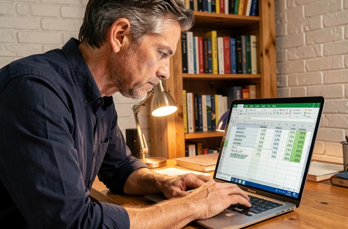 Homme travaillant sur une formule de moyenne pondérée dans Excel sur un ordinateur portable dans un bureau à domicile