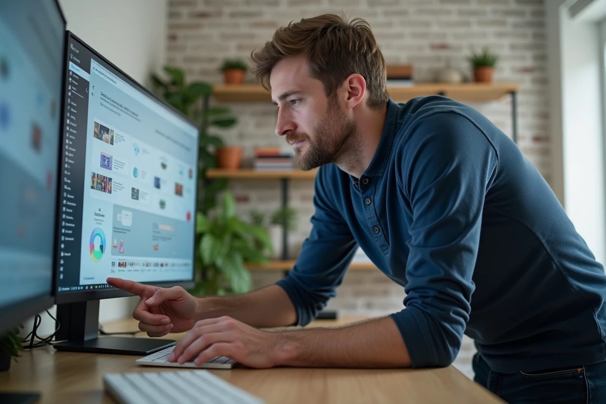 Homme interagissant avec une interface graphique tactile dans un bureau minimaliste à domicile