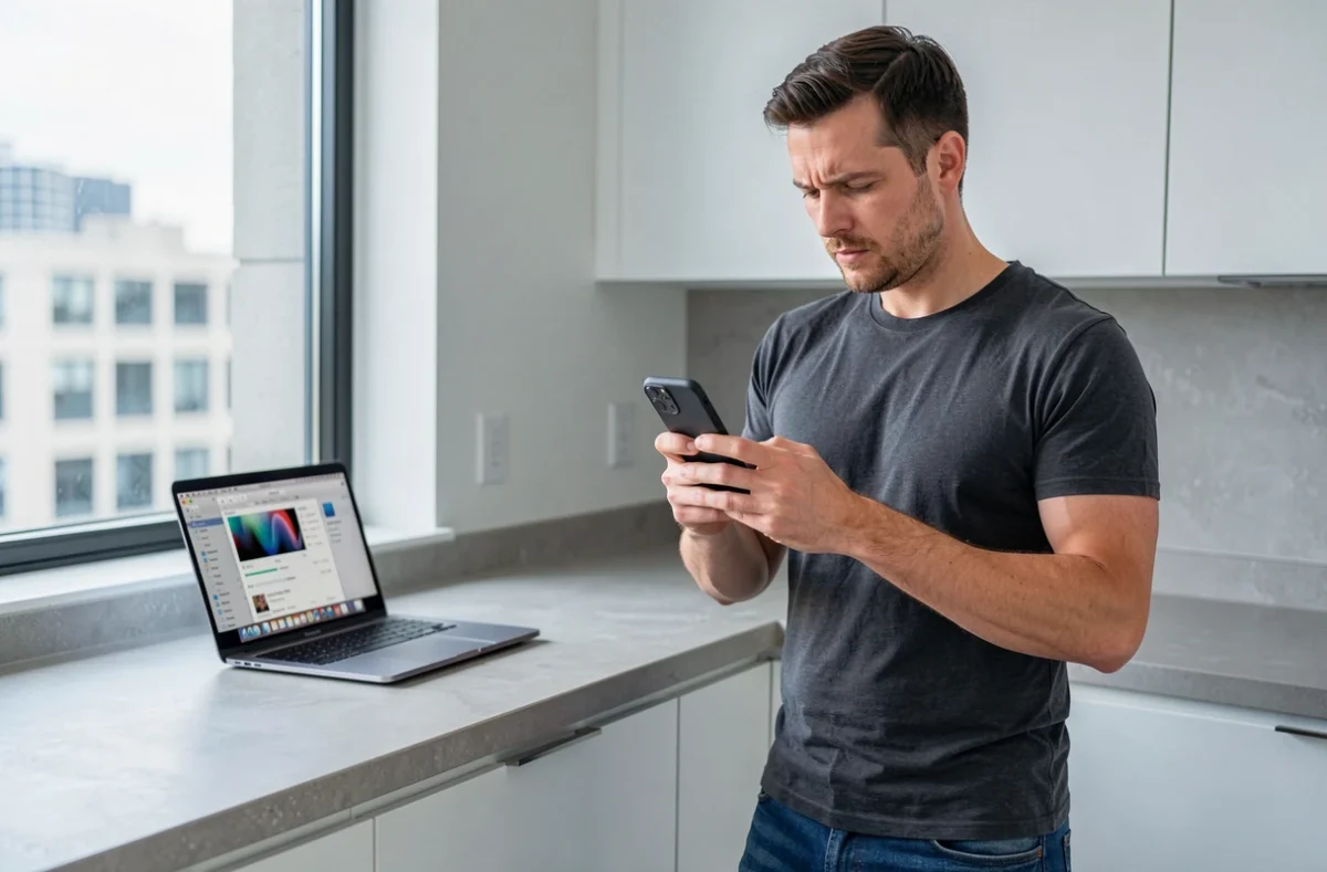 Homme consultant son iPhone et son MacBook dans une cuisine moderne pour transférer une chanson en sonnerie personnalisée