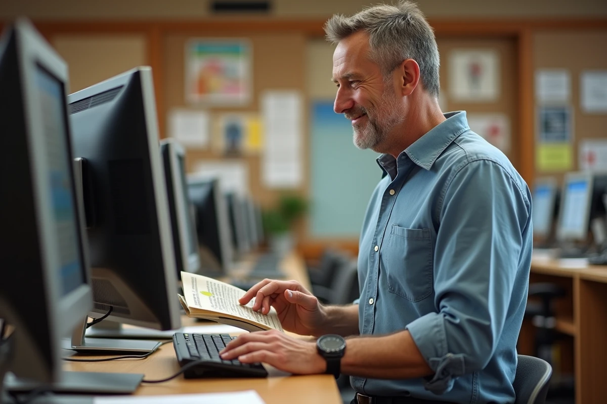 Homme avec guide de français à la bibliothèque