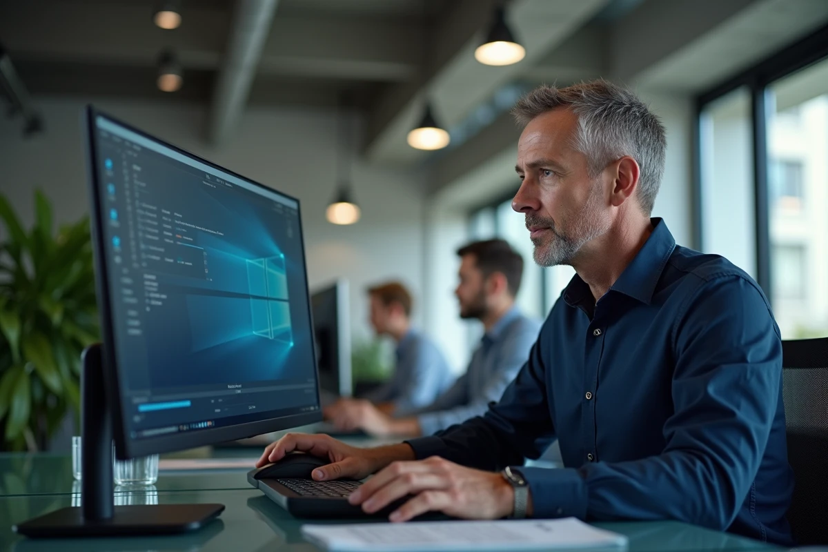 Homme utilisant un logiciel de conversion PDF sur son ordinateur de bureau dans un open space professionnel