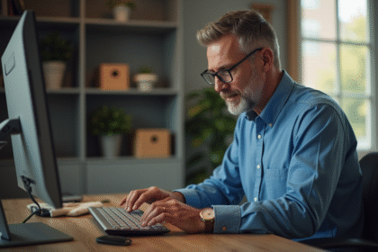 Homme d'âge moyen nettoyant un clavier d'ordinateur à domicile