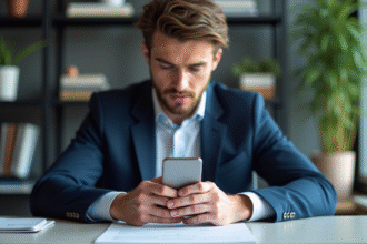 Jeune homme en costume vérifiant ses paramètres de confidentialité