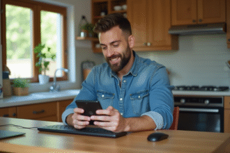 Homme en denim utilisant son smartphone dans une cuisine moderne