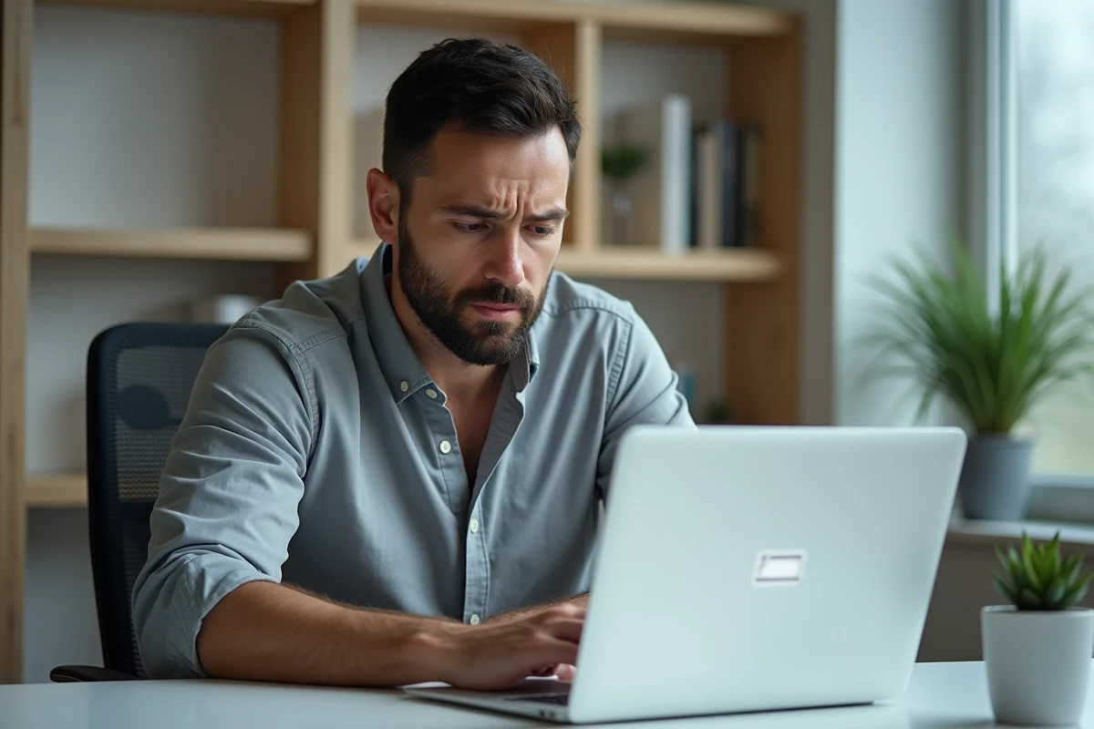 Homme consultant les paramètres iCloud sur MacBook avec la localisation désactivée dans un bureau à domicile
